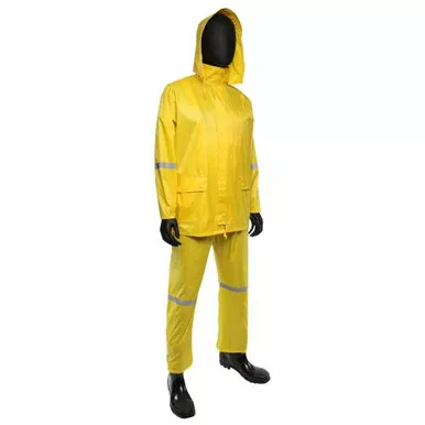 .18 MM DNIP Low-Lead PVC over Polyester 3pcs Rain Suit, 1" Reflective Silver Tape, Zip Up Front w/ Button Storm Flaps, Hidden Zipper Pocket, Sewn & Taped Seams, Detachable Hood w/ Visor - Safety Yello 4338/M