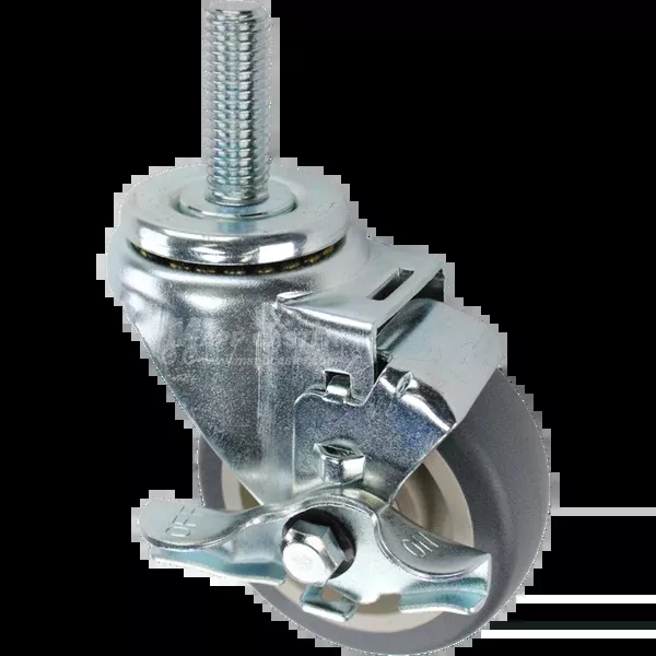 3-1/2" x 1-1/4" Grey Polyurethane Wheel Swivel Brake Caster, 5/8"-11 x 1-3/4" Threaded Stem - 300 lbs Capacity
