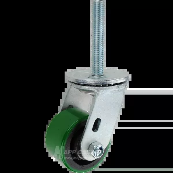 3-1/4" x 2" Green Poly on Iron Wheel Swivel Caster, 3/4"-10 x 4 Threaded Stem - 600 lbs Capacity