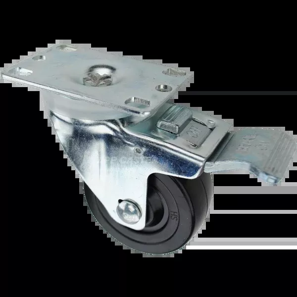 3" x 1-1/4" Soft Rubber Wheel Swivel Caster w/ Total Locking Brake, 2-3/8" x 3-5/8" Top Plate - 300 lbs Capacity
