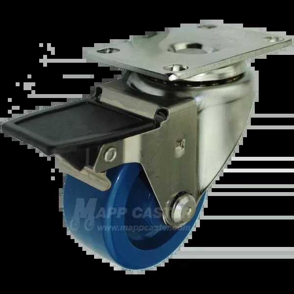 3" x 1-1/4" Solid Polyurethane Stainless Steel Swivel Caster with Face Contact Brake - 300 Lbs Capacity