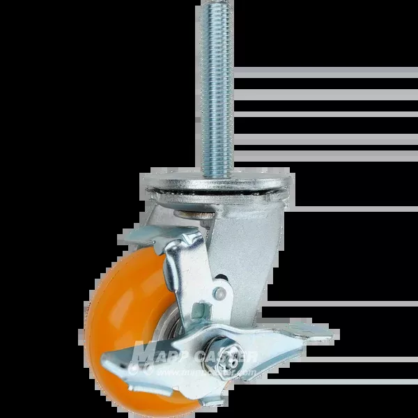 4" x 2" Orange Poly on Aluminum Wheel Swivel Brake Caster, 3/4"-10 x 4 Threaded Stem - 900 Lbs Capacity