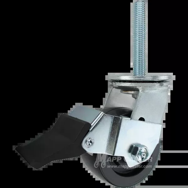 4" x 2" Polyolefin Wheel Swivel Caster w/ Face Contact Brake, 3/4"-10 x 4 Threaded Stem - 500 Lbs Capacity