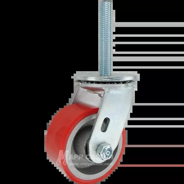 4" x 2" Red Polyurethane on Iron Wheel Swivel Caster, 3/4"-10 x 4 Threaded Stem - 800 Lbs Capacity