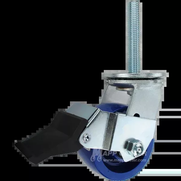 4" x 2" Solid Polyurethane Wheel Swivel Caster w/ Face Contact Brake, 3/4"-10 x 4 Threaded Stem -750 Lbs Capacity