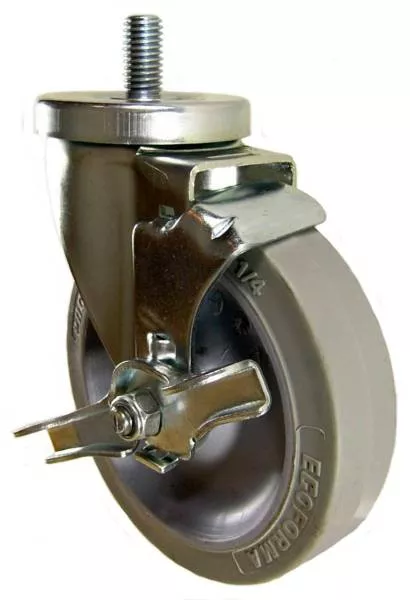 5" x 1-1/4" Thermoplastic Rubber Wheel (ball bearings) Swivel Brake Caster w/ 1/2" x 1-1/2" long Threaded Stem - 350Lbs Capacity