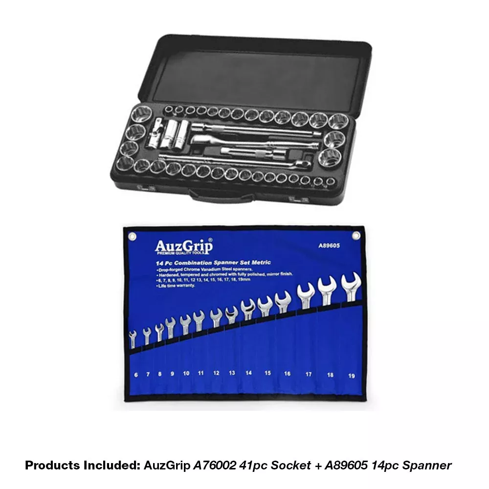 AuzGrip 2-Piece Socket and Spanner Master Combo: A76002 41pc Socket + A89605 14pc Spanner