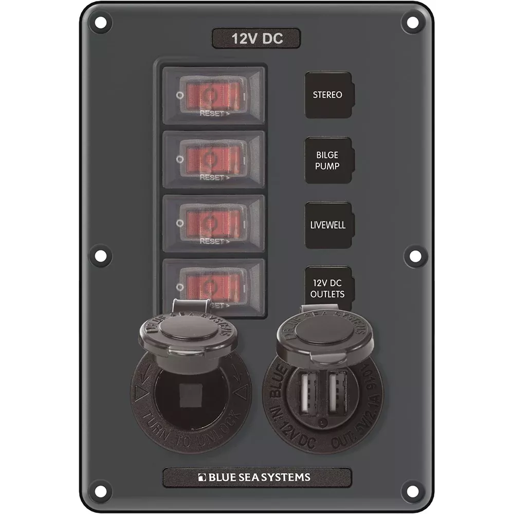 Blue Sea 4321 Circuit Breaker Switch Panel 4 Position - Gray w/12V SocketDual USB [4321]