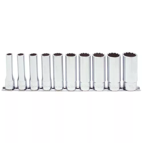 Koken 1/2" Dr Deep Socket Set On Rail - 10pc 3/8"-15/16"