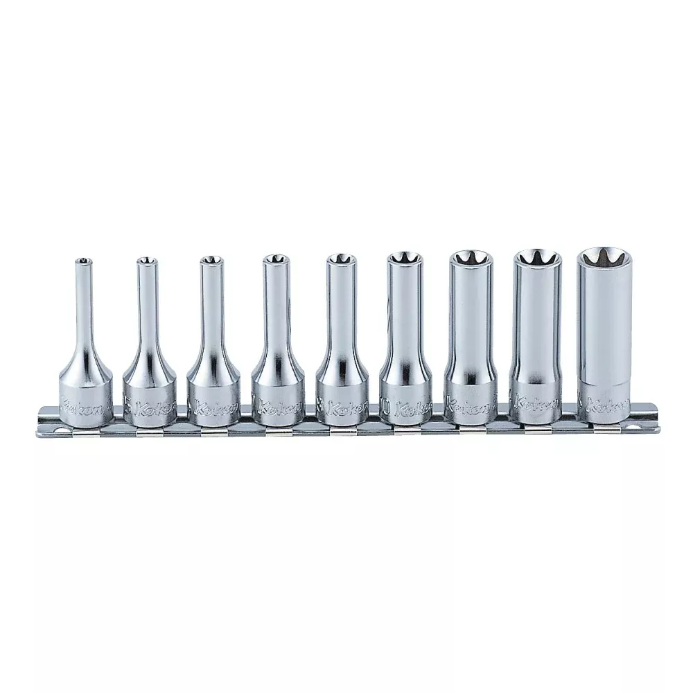 Koken 3/8" Dr Internal Torx Deep Socket Set On Rail - 9pc E4-E16