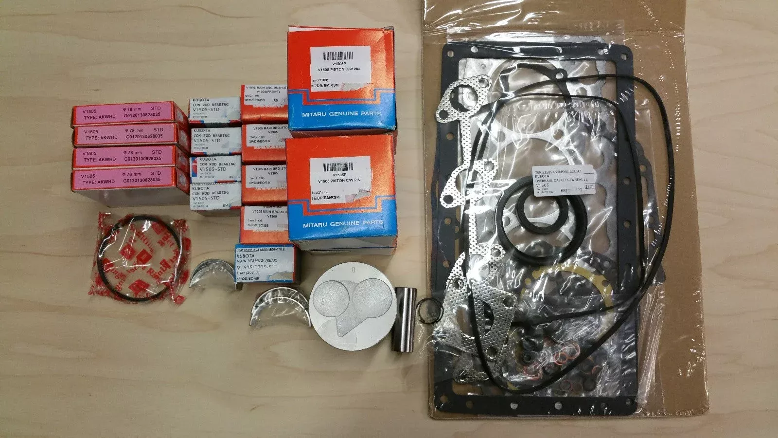 New Kubota V1505 Engine Overhaul Kit with +.5mm Oversize Pistons & Rings
