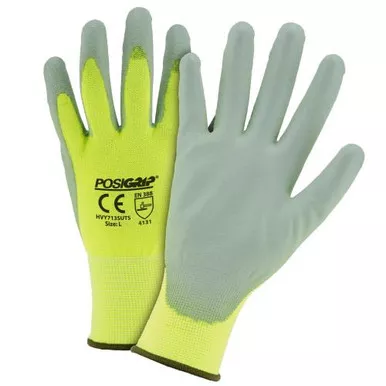 "Touch Screen" Gray PU palm coating, 13 gauge Hi vis yellow nylon shell touch screen tips HVY713SUTS/L